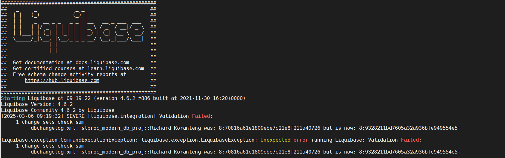 Liquibase validation failed with checksum error
